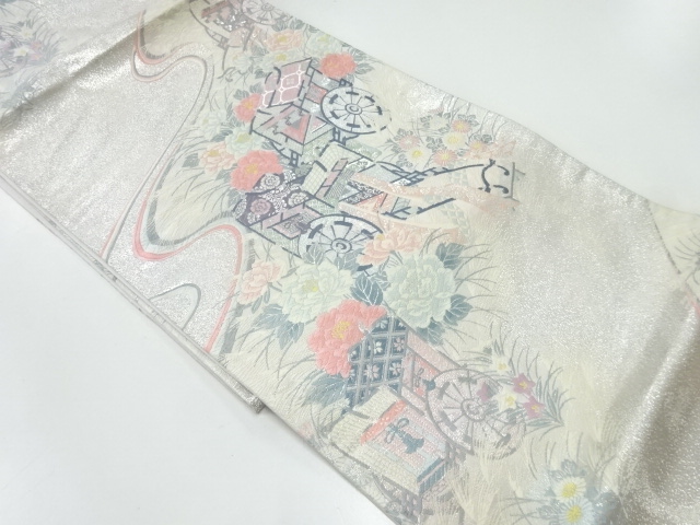 JAPANESE KIMONO / ANTIQUE FUKURO OBI / SILK / WOVEN CARRIAGE & FLOWERS